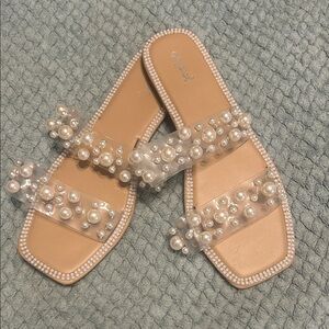 Qupid Tan Sandals with Pearl Accents